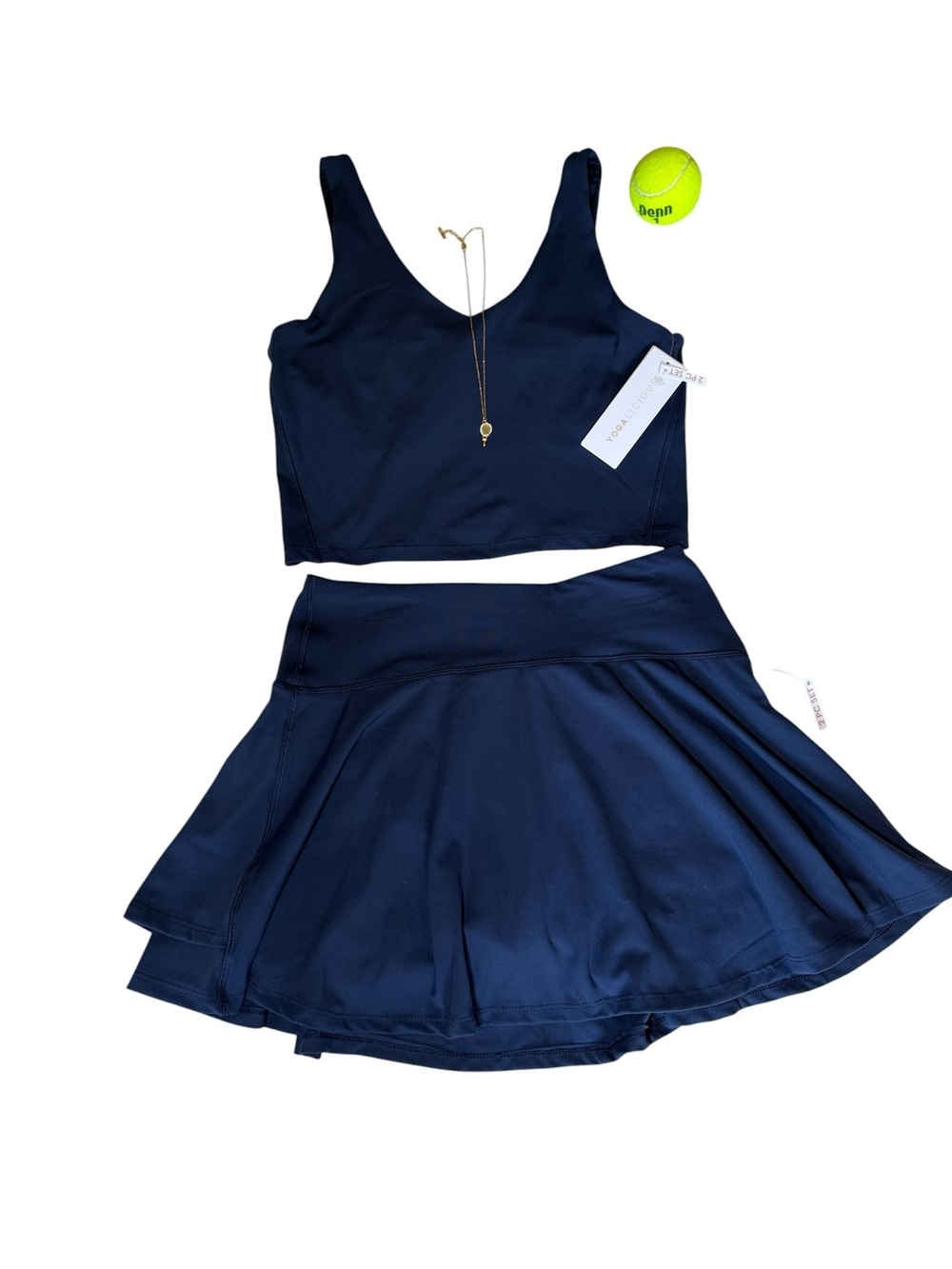 YOGALICIOUS Navy Blue Tennis & Yoga Set w/ Tennis Racket Necklace NWT Size M 💙🎾 - Picture 12 of 12